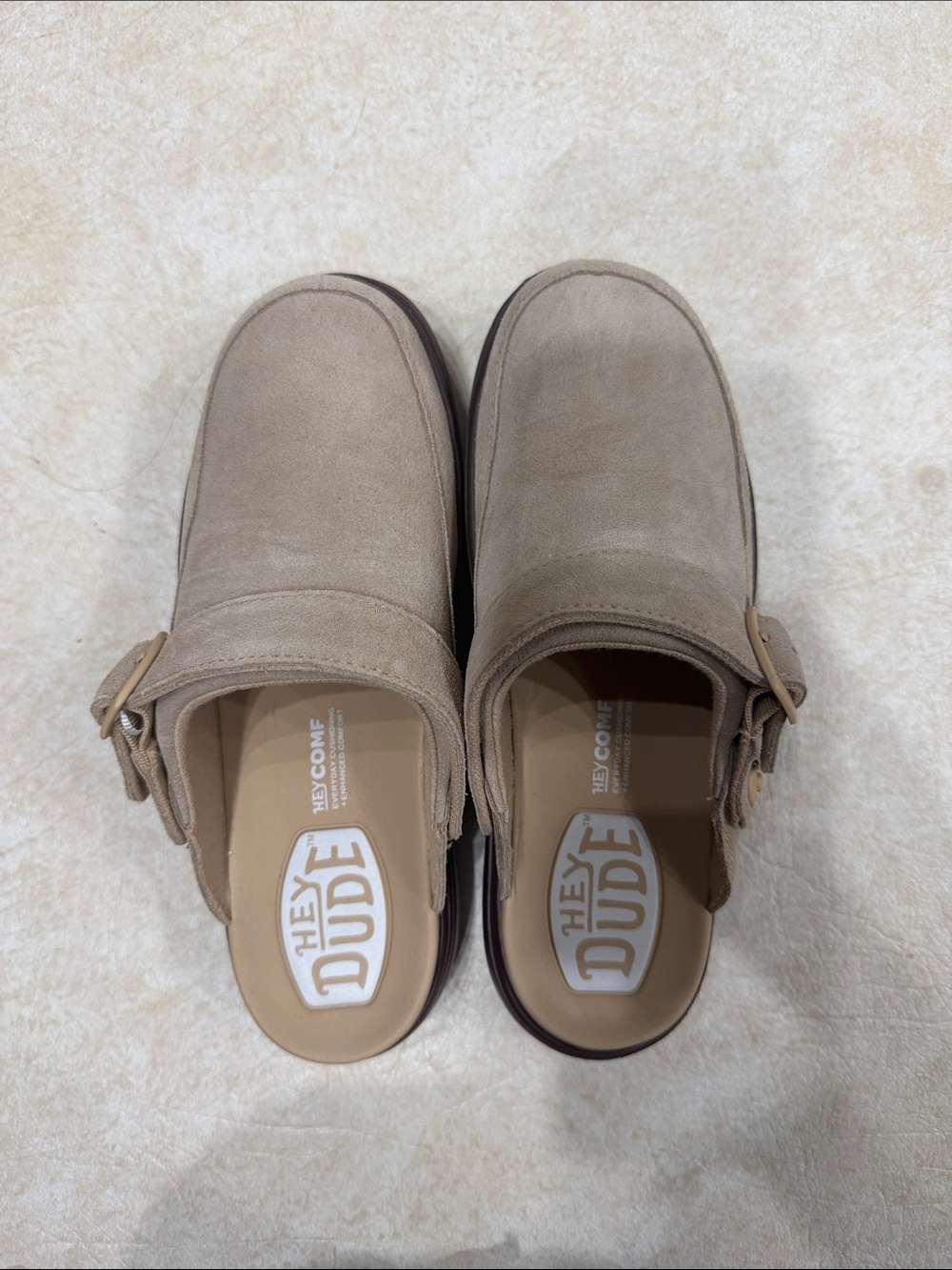 Hey Dude Taupe Suede Slip-On Clogs with Buckle